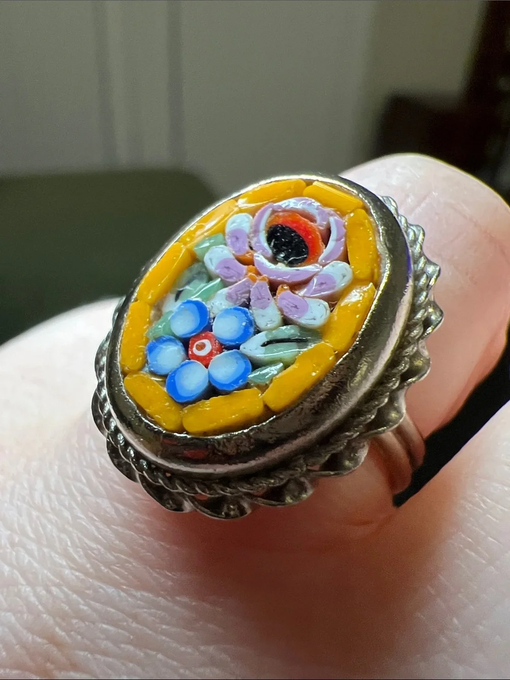 Vintage Italian Micromosaic Flower Adjustable Silver Ring